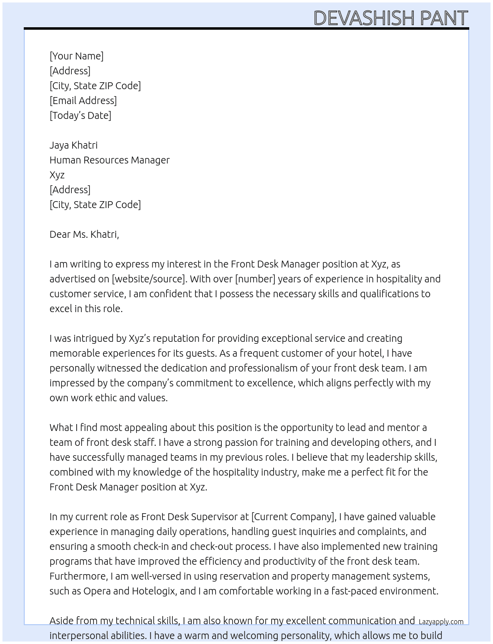 Front Desk Manager At Xyz Cover Letter