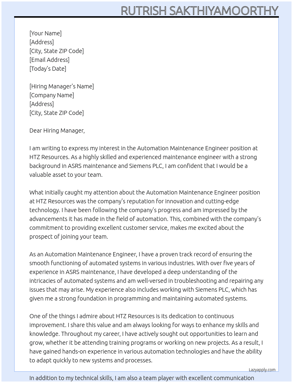 Automation Maintenance Engineer At HTZ Resources Cover Letter