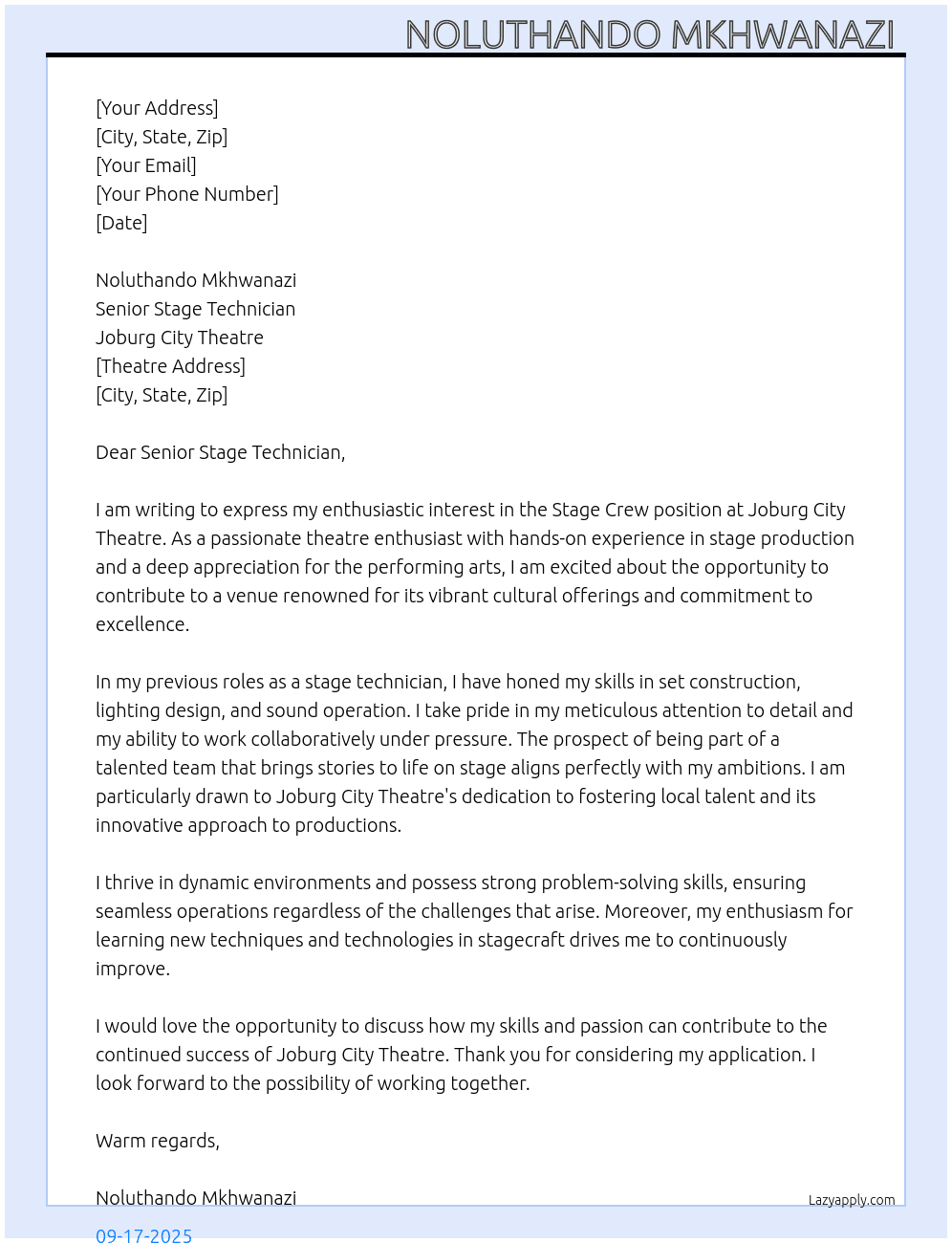 Cover letter for stage crew - LazyApply