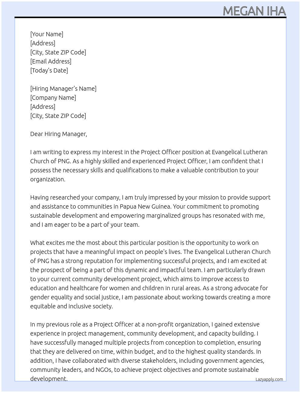 Project Officer At Evangelical Lutheran Church of PNG Cover Letter
