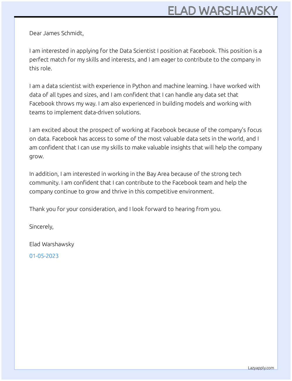 Data Scientist I  At Facebook Cover Letter