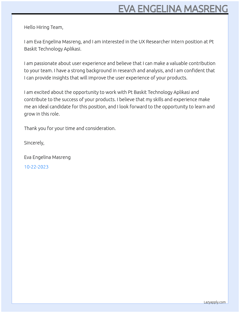 UX Researcher Intern At Pt Baskit Technology Aplikasi Cover Letter