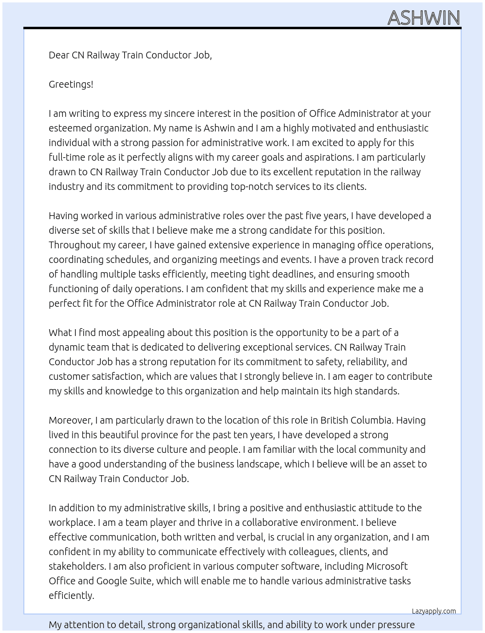 Office Administrator  At CN Railway Train Conductor Job Cover Letter
