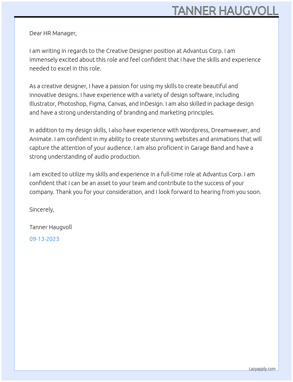 Creative Designer At Advantus Corp Cover Letter