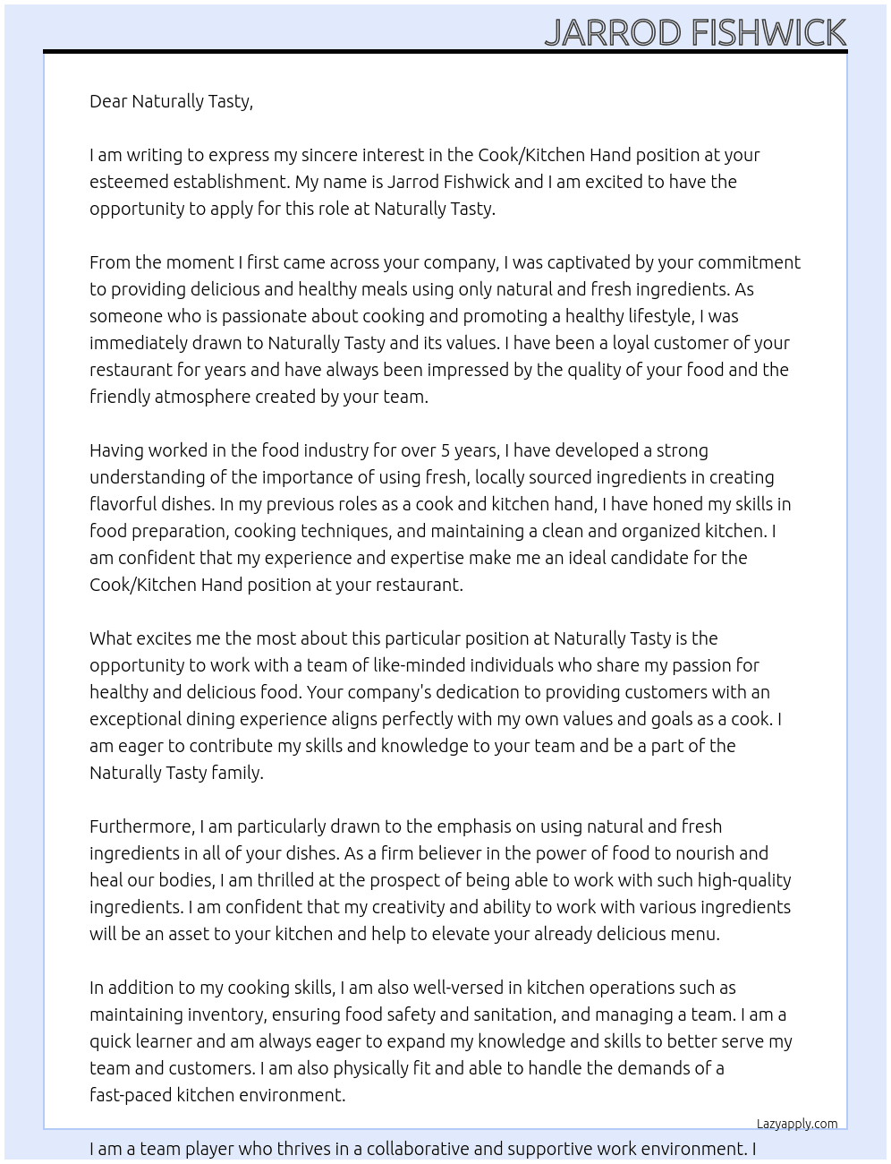 Cook/Kitchen Hand At Naturally Tasty Cover Letter