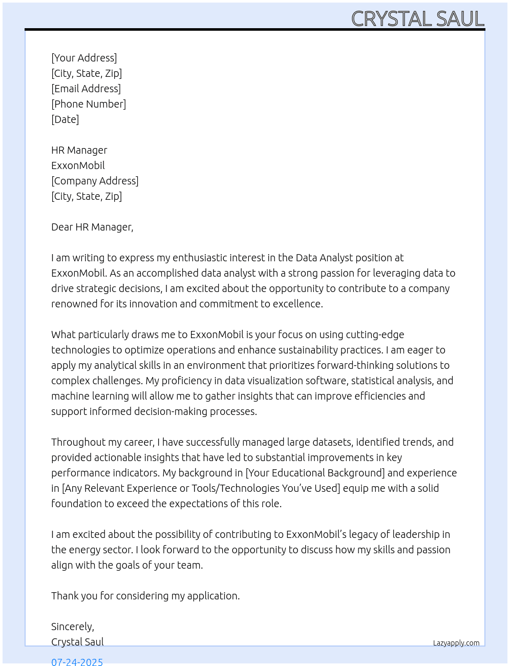 Data analysis  At ExxonMobil  Cover Letter
