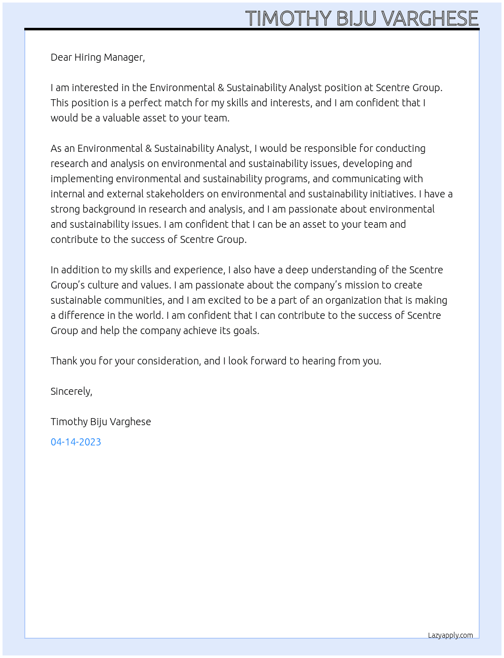 Environmental & Sustainability Analyst At Scentre Group Cover Letter