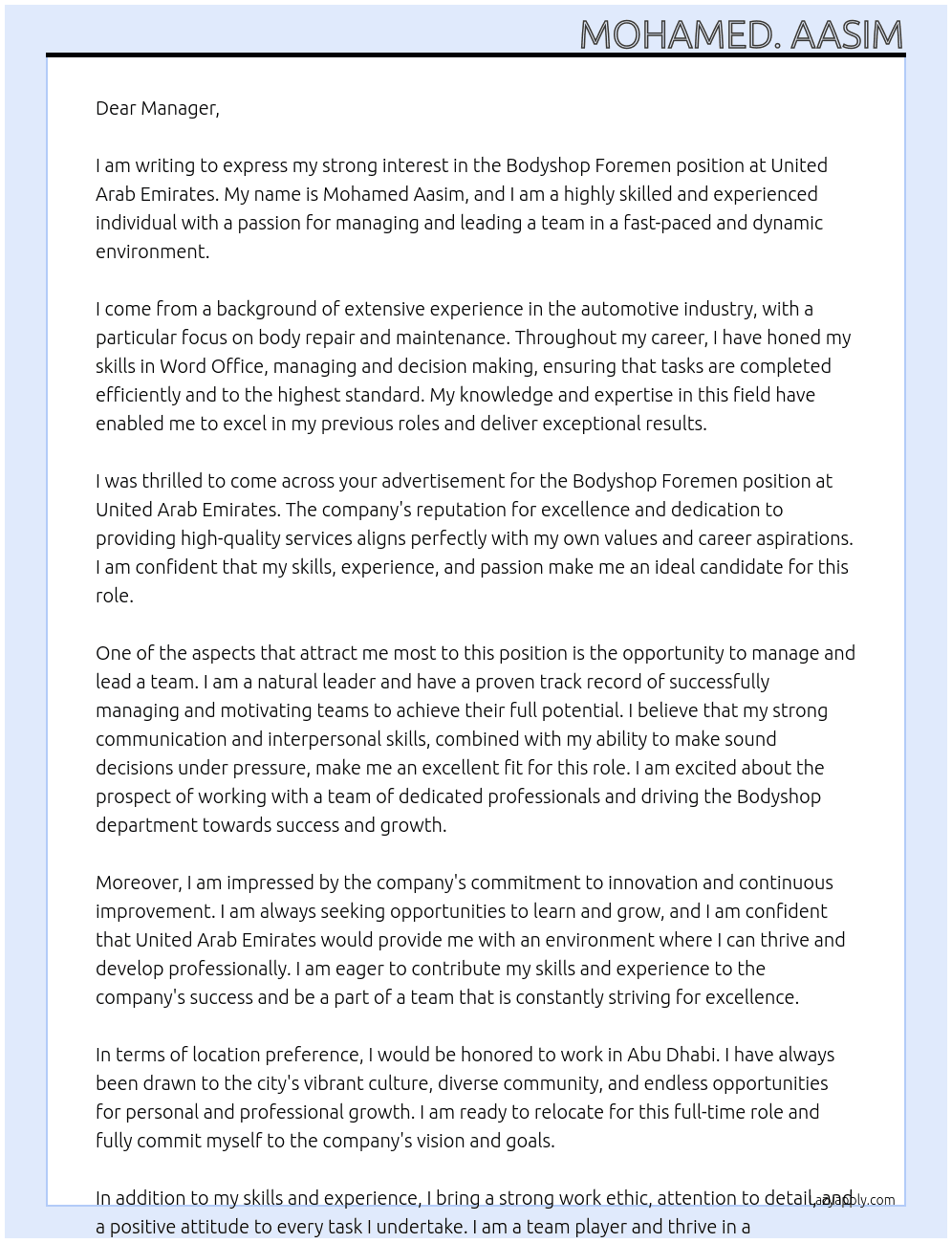 Bodyshop foremen At United arab Emirates Cover Letter