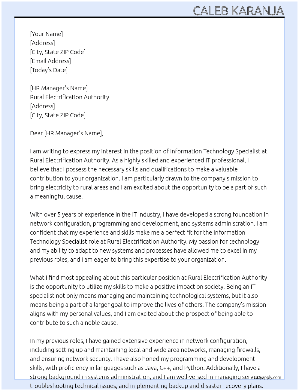 information technology specialist At rural electrification authority Cover Letter