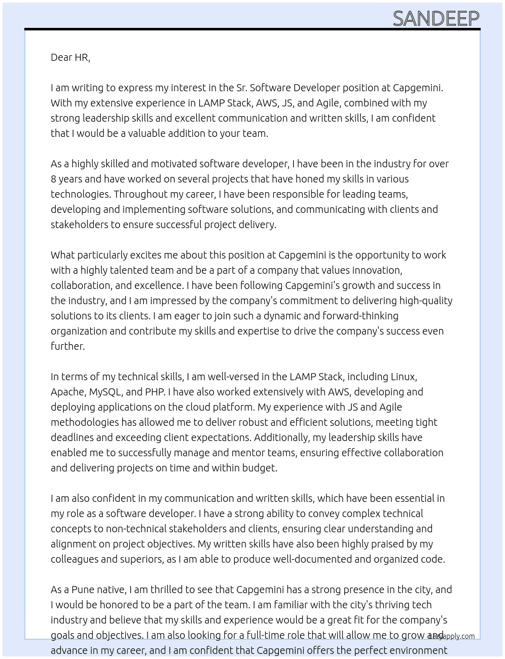 Sr. Software Developer At Capgemini Cover Letter