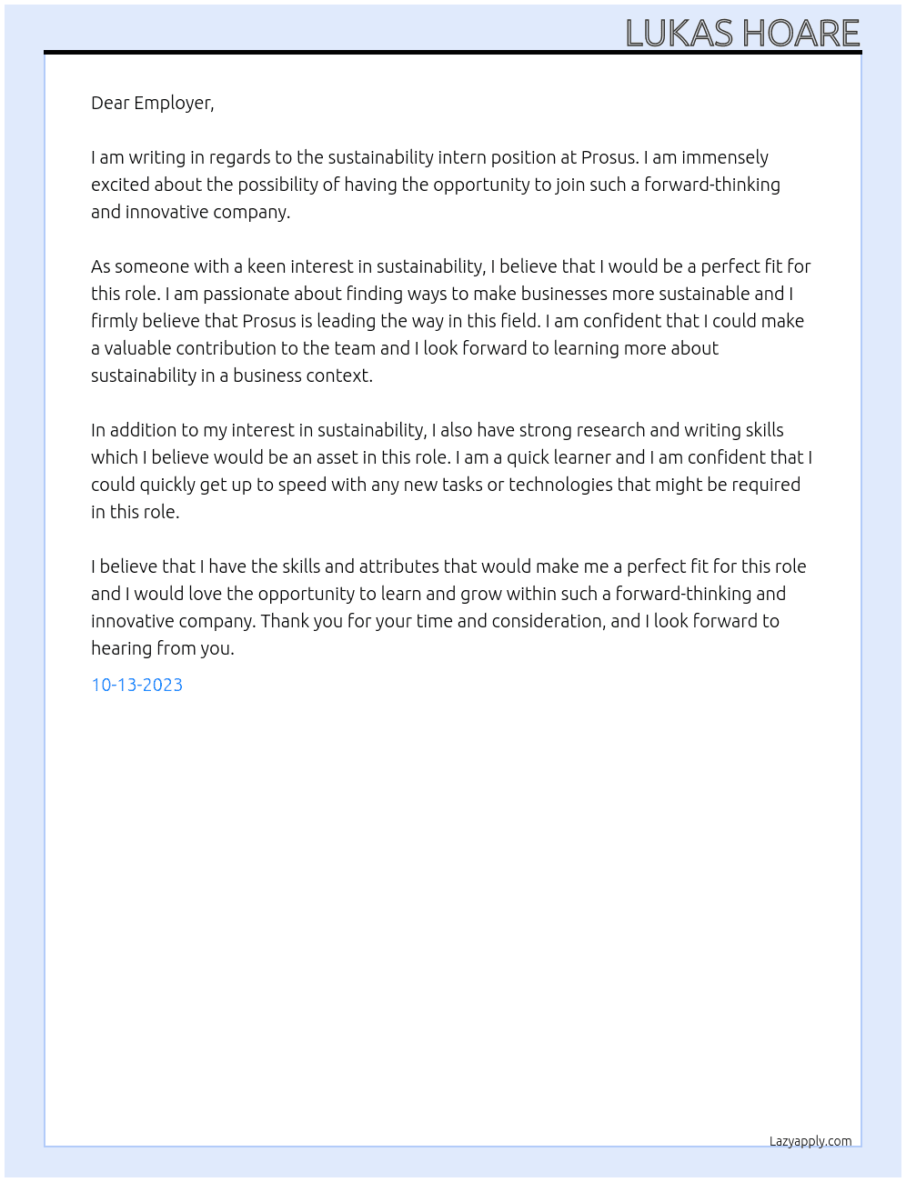 Sustainability Intern At Prosus Cover Letter