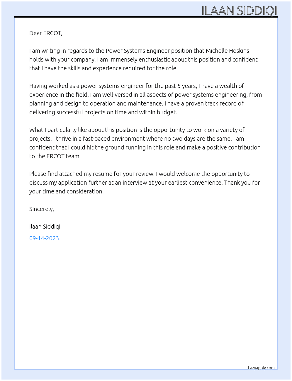 Power Systems Engineer At ERCOT Cover Letter