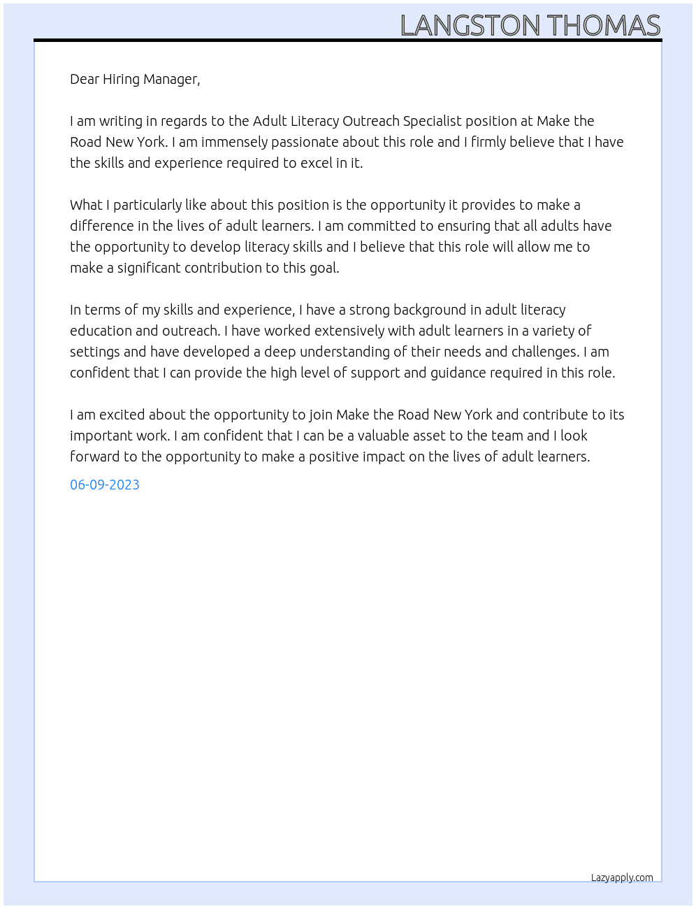 Adult Literacy Outreach Specialist At Make the Road New York  Cover Letter
