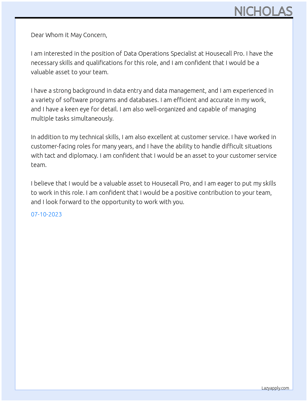 Data Operations Specialist At Housecall Pro Cover Letter