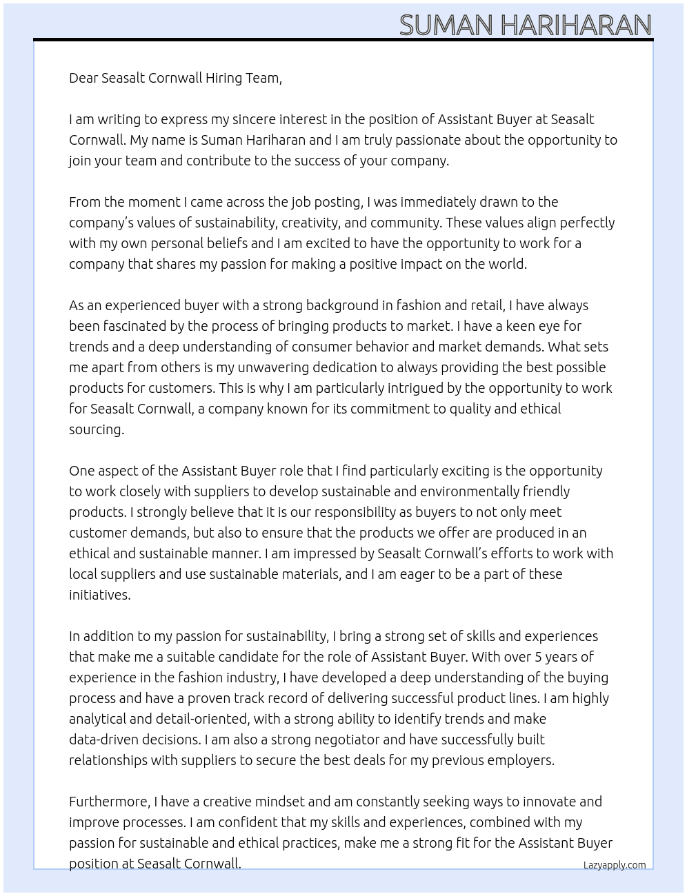 assistant buyer At seasalt cornwall Cover Letter