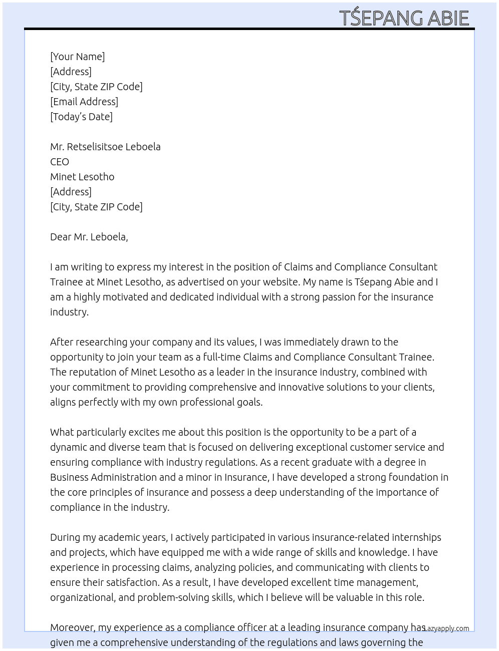 Claims and Compliance Consultant Trainee At Minet Lesotho Cover Letter