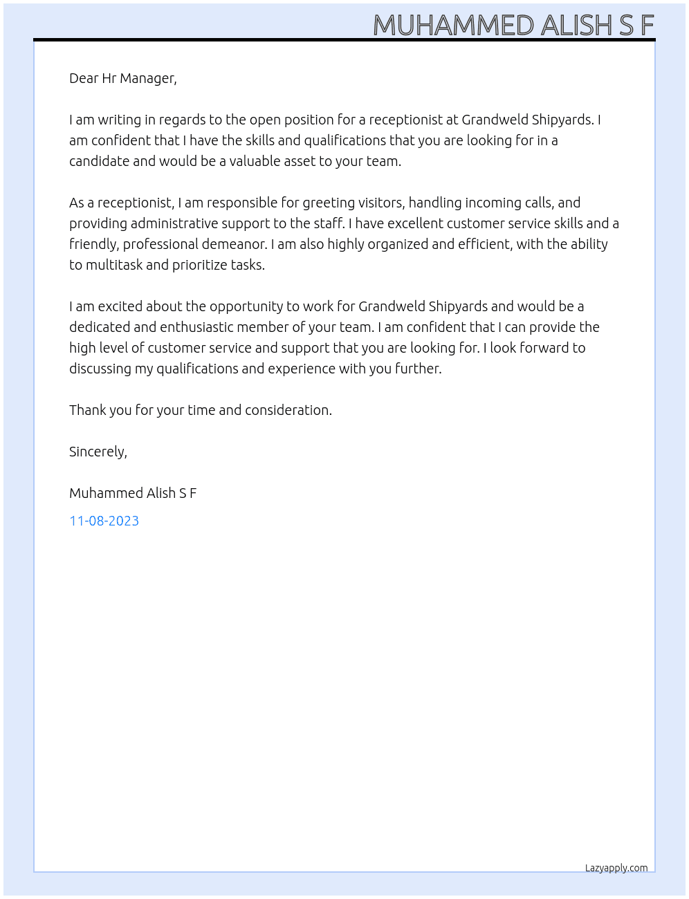 Receptionist  At Grandweld Shipyards  Cover Letter