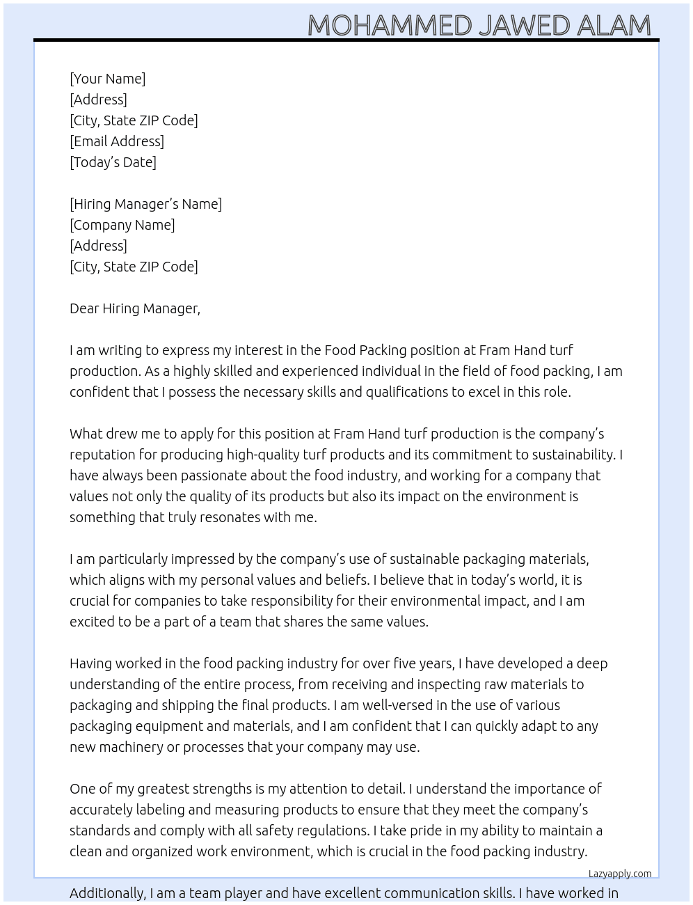 Food packing  At Fram Hand turf production  Cover Letter