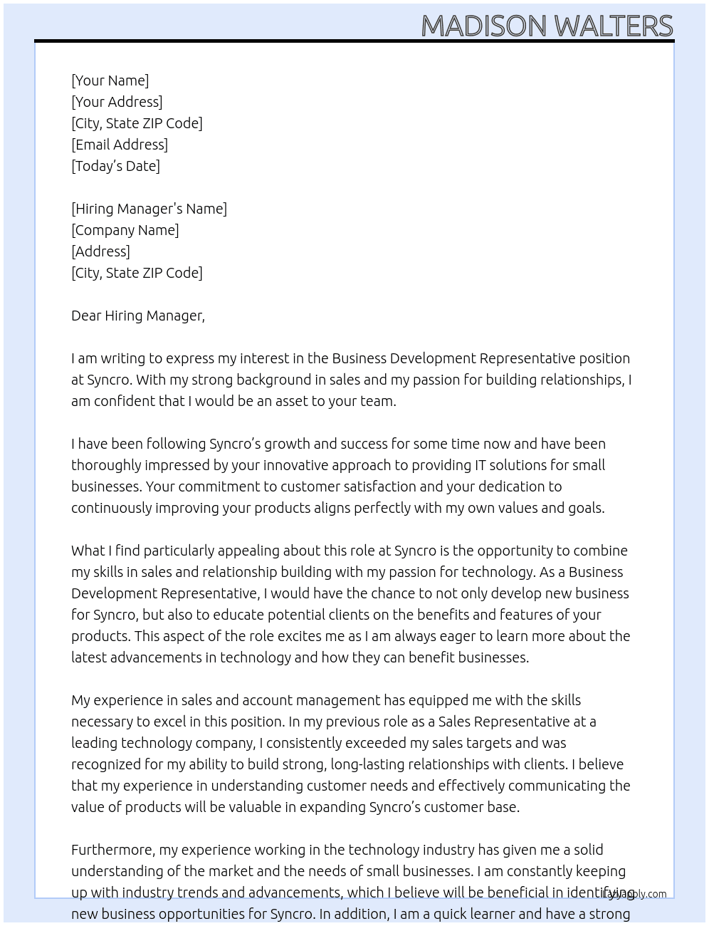 Business Development Representative At syncro Cover Letter