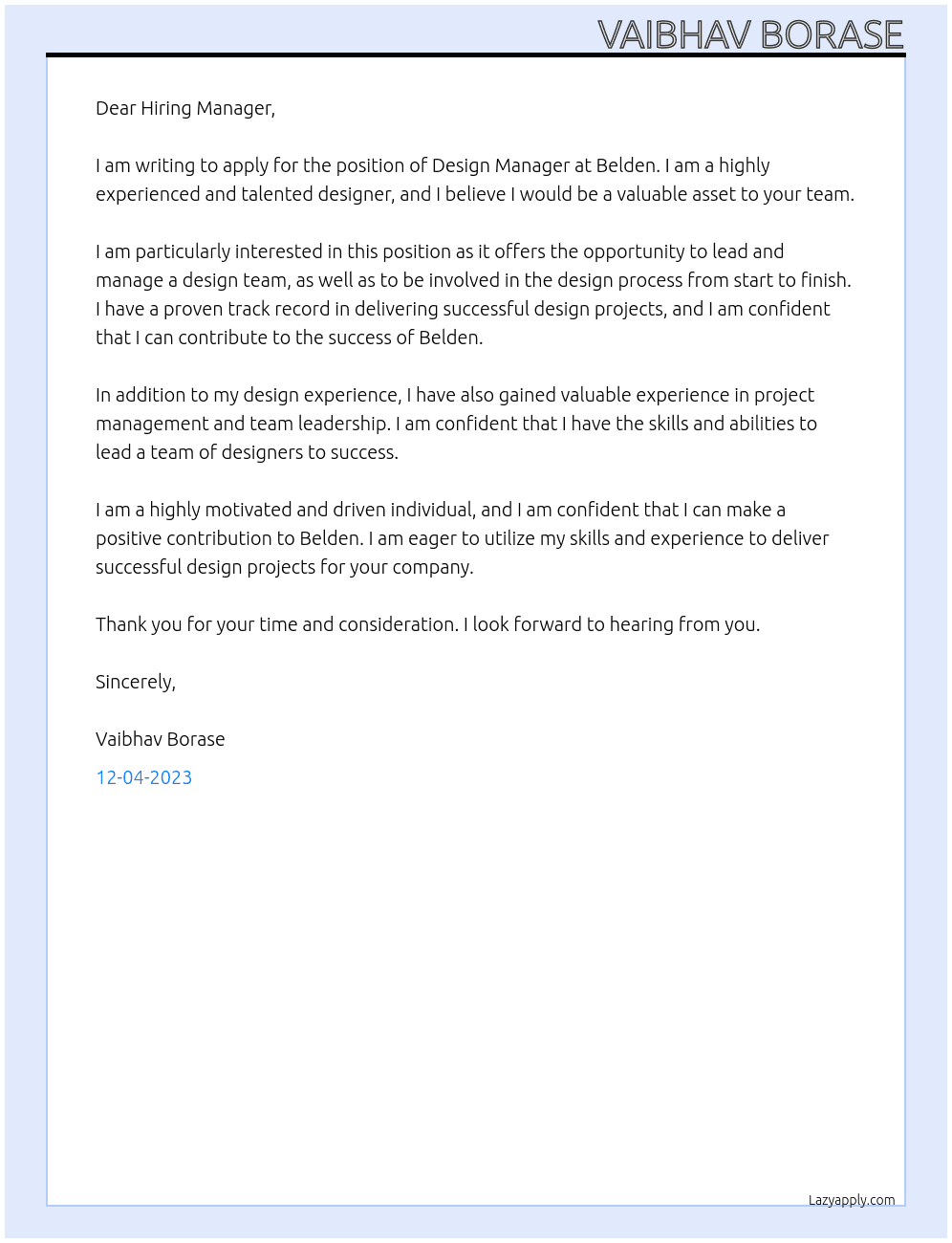 Design Manager At Belden Cover Letter