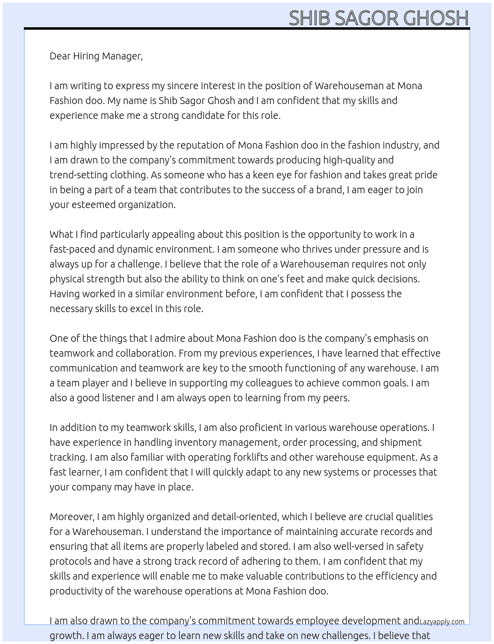 Warehouseman  At Mona Fashion doo Cover Letter