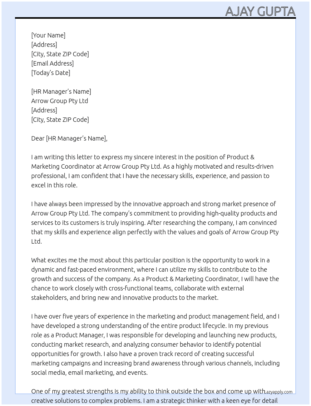 Product & Marketing Coordinators At Arrow Group Pty Ltd Cover Letter