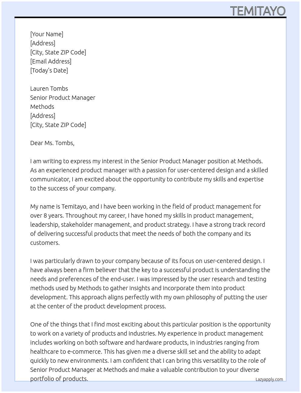 Senior Product Manager At Methods Cover Letter