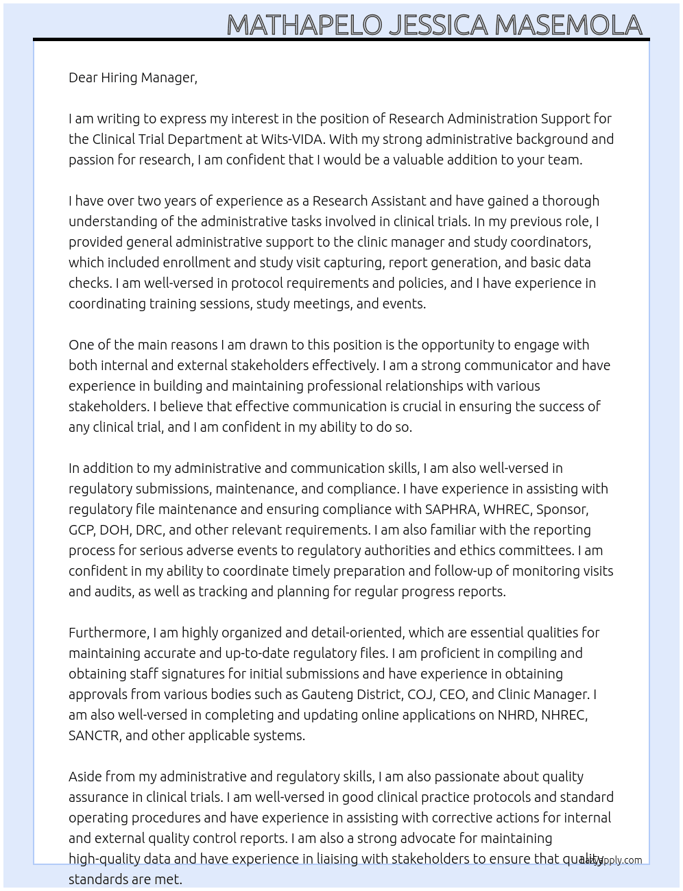 Clinic Trials Assistant At Wits-VIDA Cover Letter