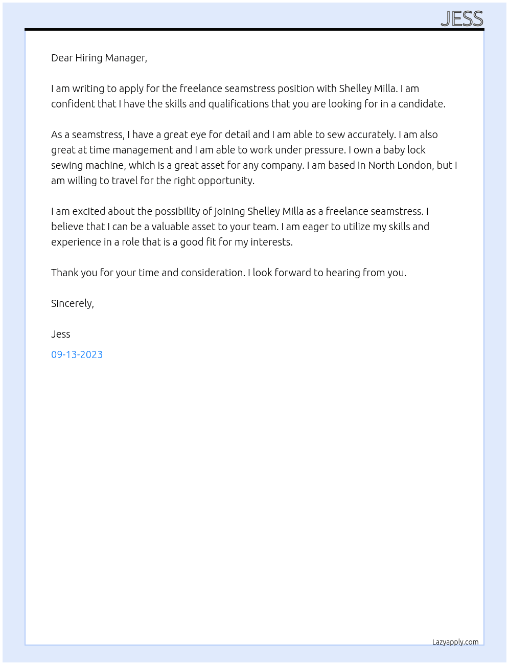 Freelance seamstress At Shelley milla Cover Letter