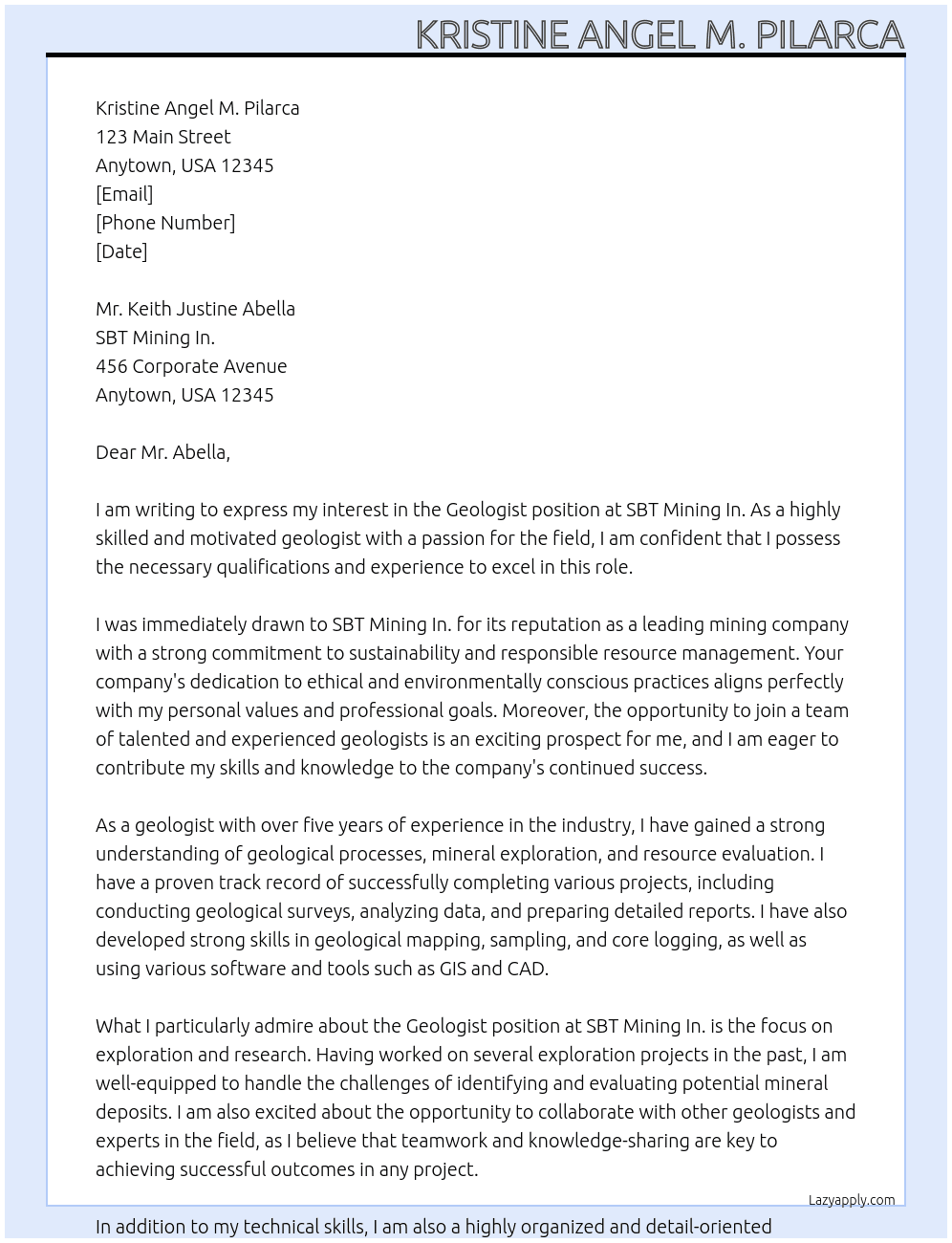 Geologist At SBT Mining In. Cover Letter