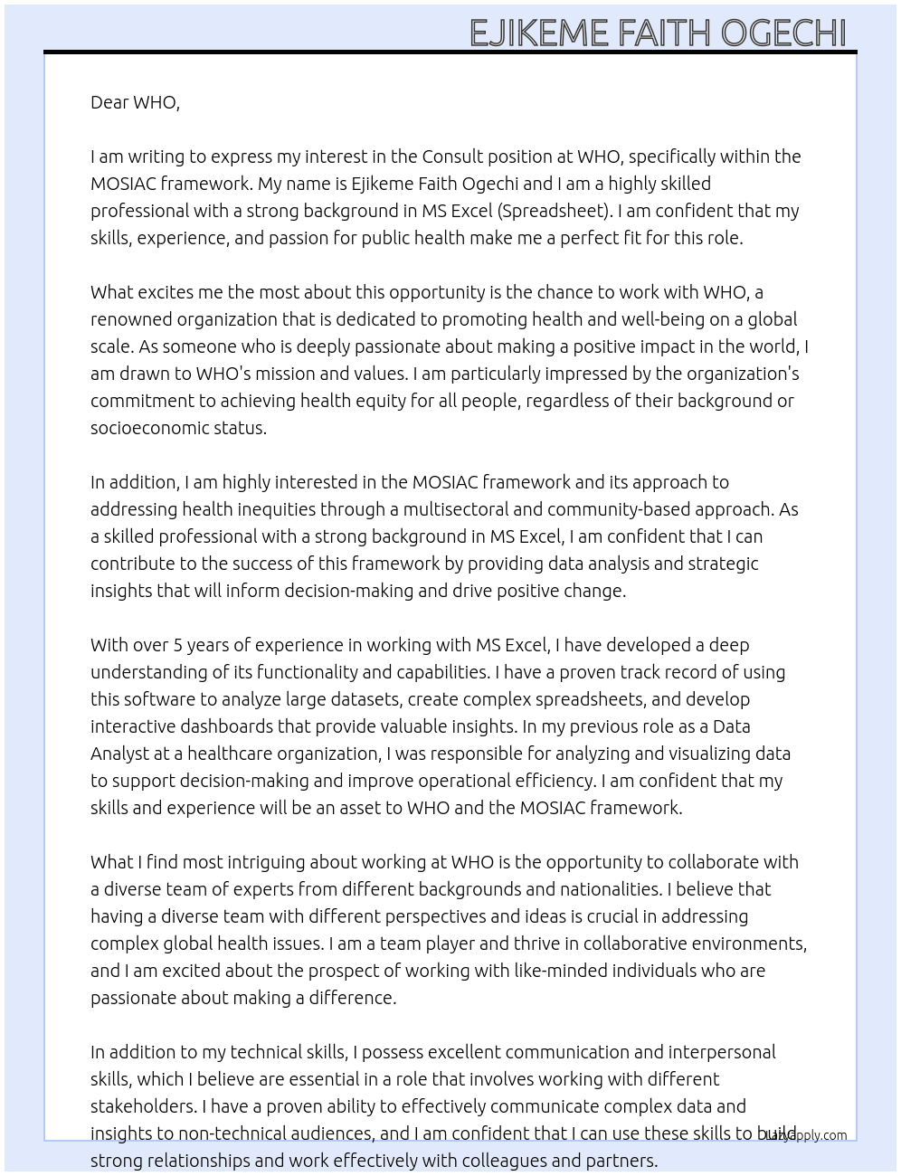 Consult - WHO MOSIAC framework  At WHO Cover Letter