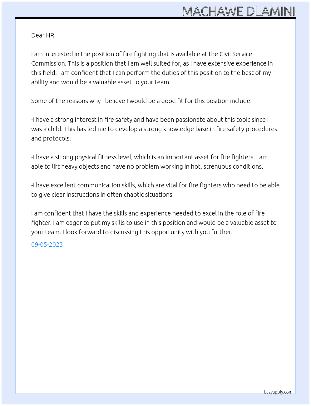 Fire fighting At Civil Service Commission Cover Letter