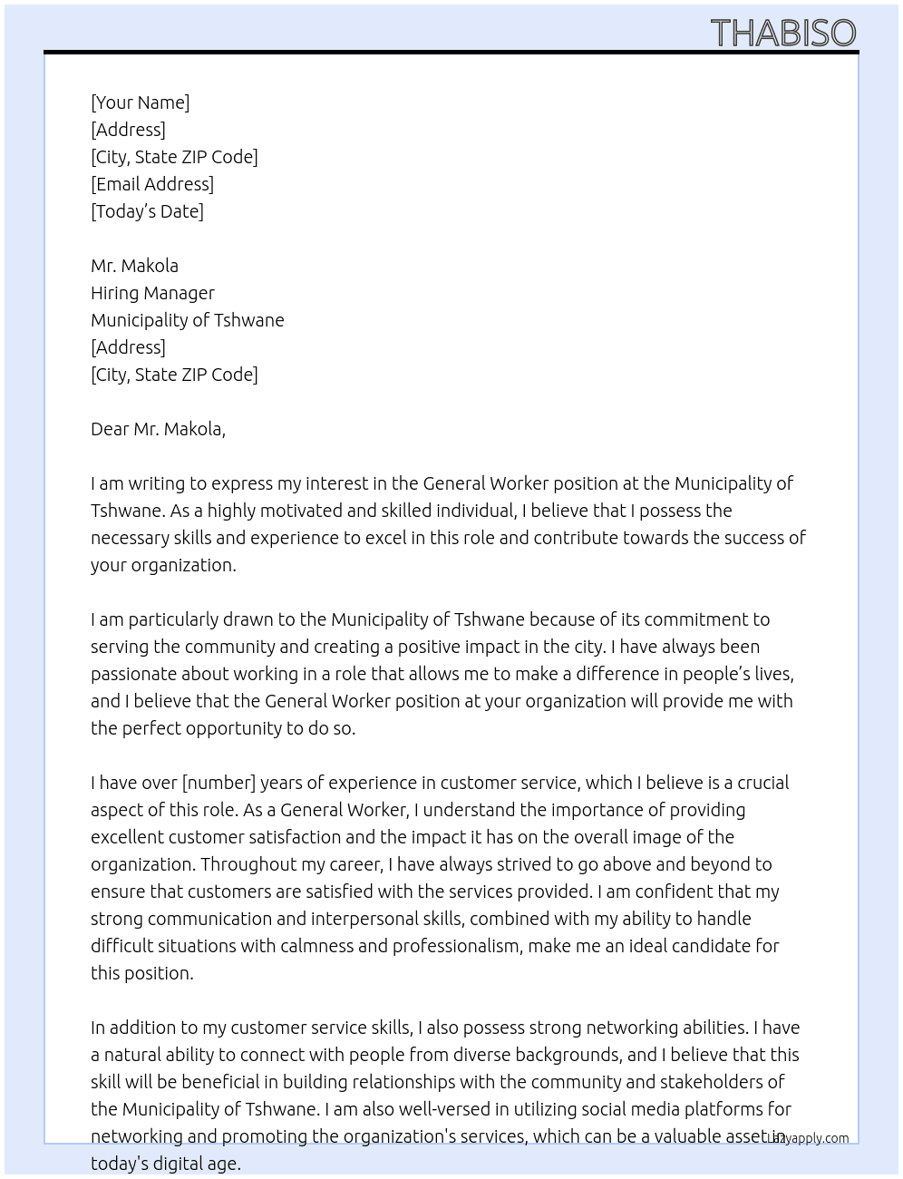 General Worker At Municipality of Tshwane  Cover Letter