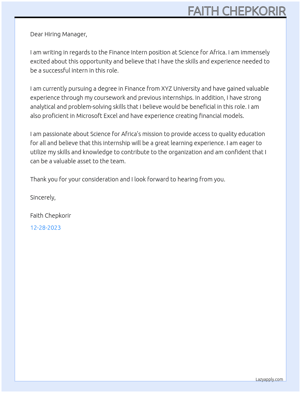 Finance intern At science for africa Cover Letter