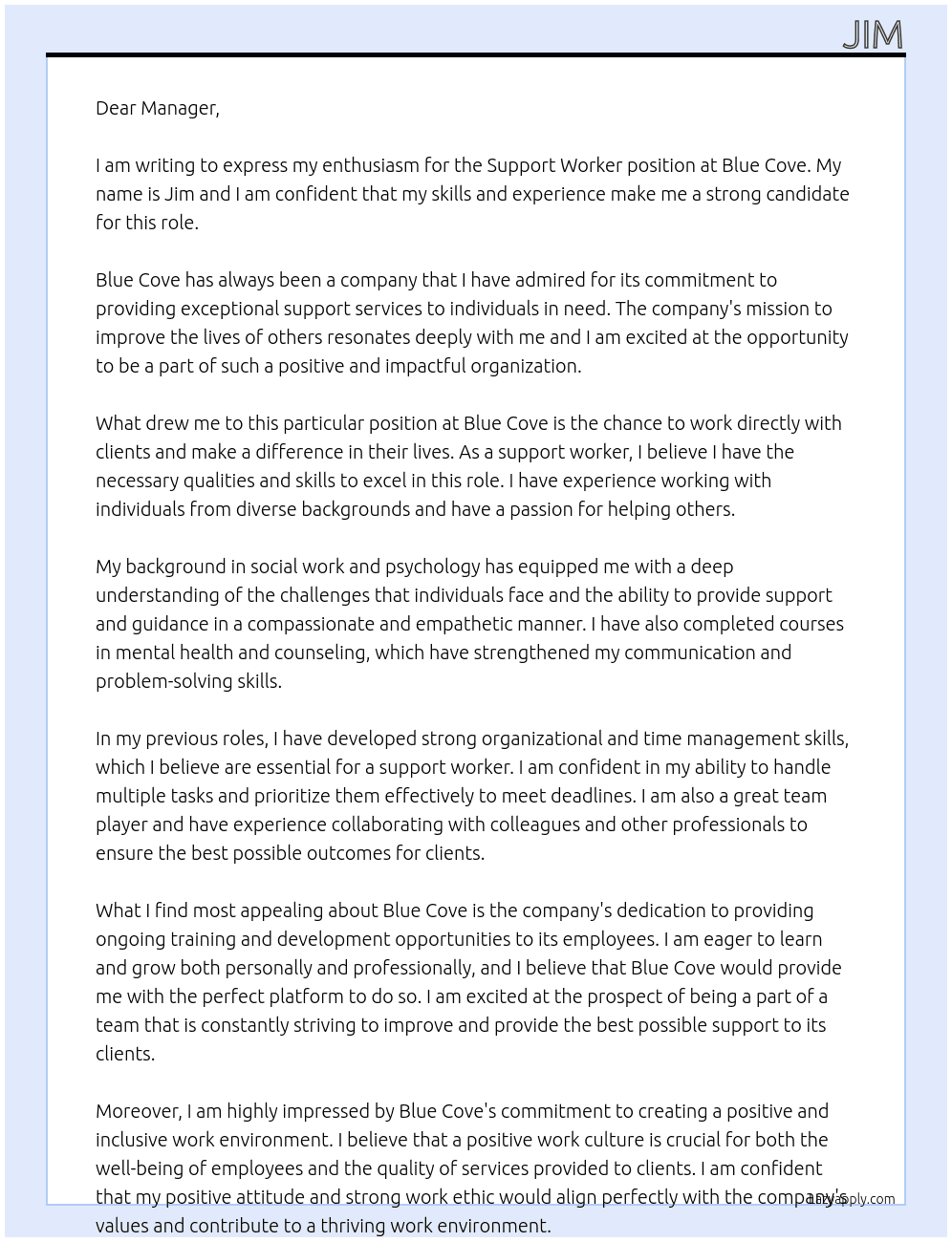 Support worker At Blue cove Cover Letter