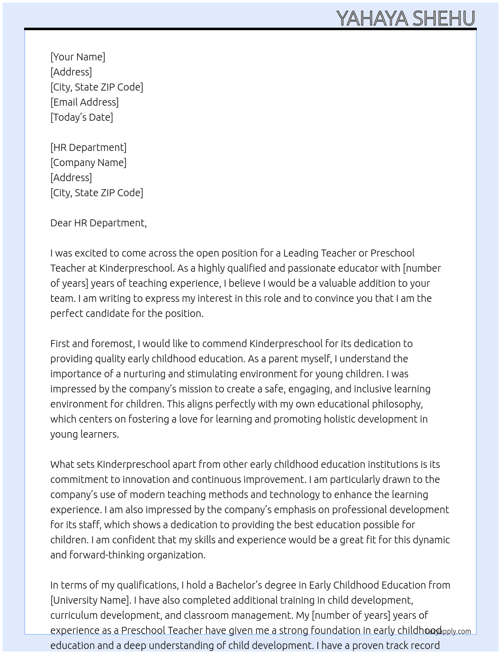 Leading Teacher or Preschool teacher  At kinderpreschool Cover Letter