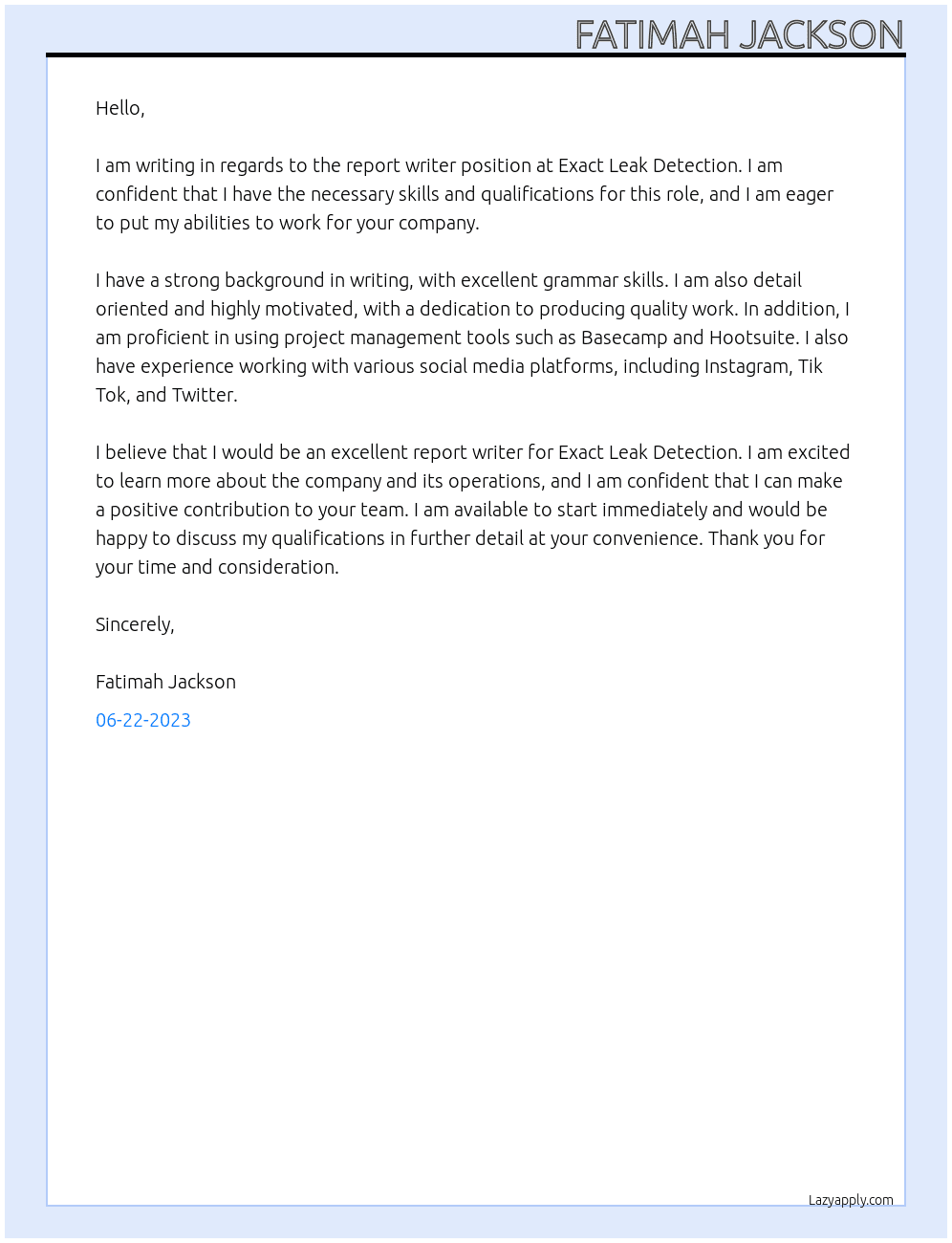 report writer At Exact Leak Detection Cover Letter