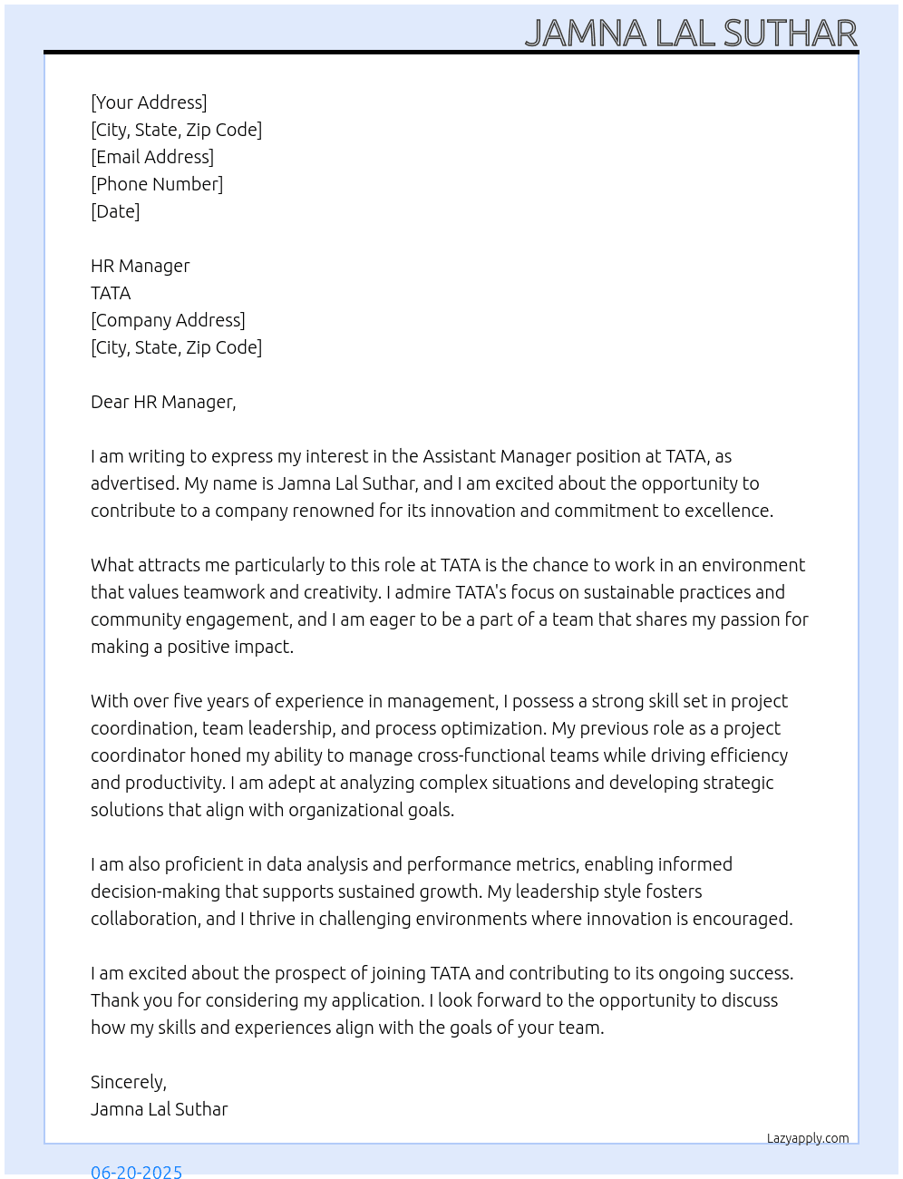 Cover letter for assistand manager - LazyApply