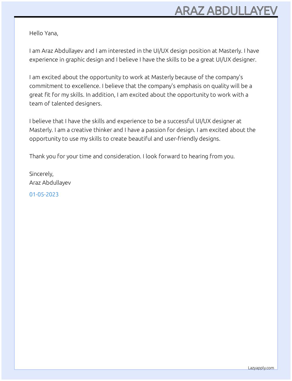 UI/UX design At Masterly Cover Letter