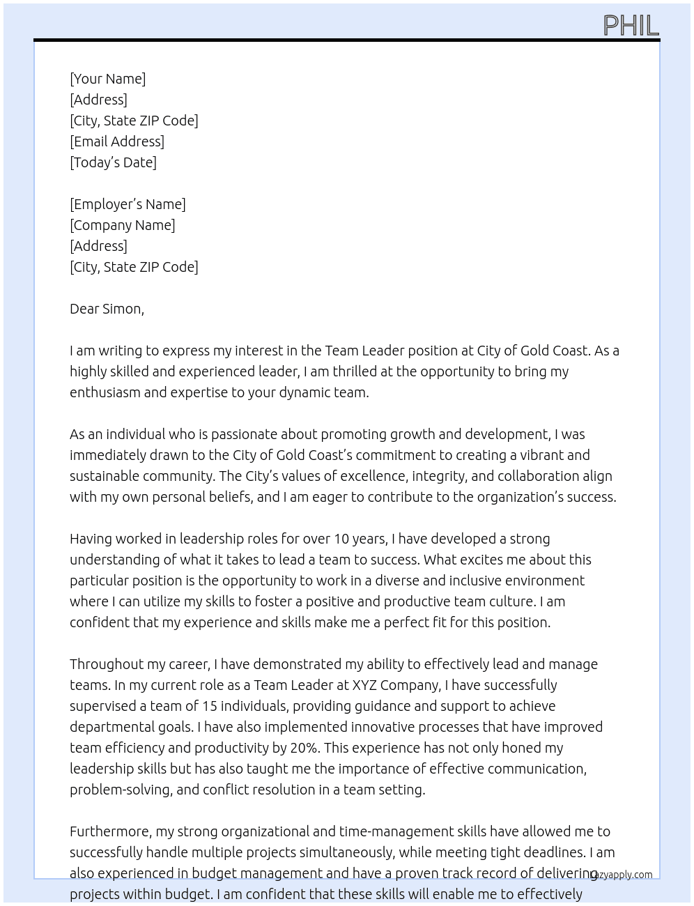 Team Leader At City of Gold Coast Cover Letter
