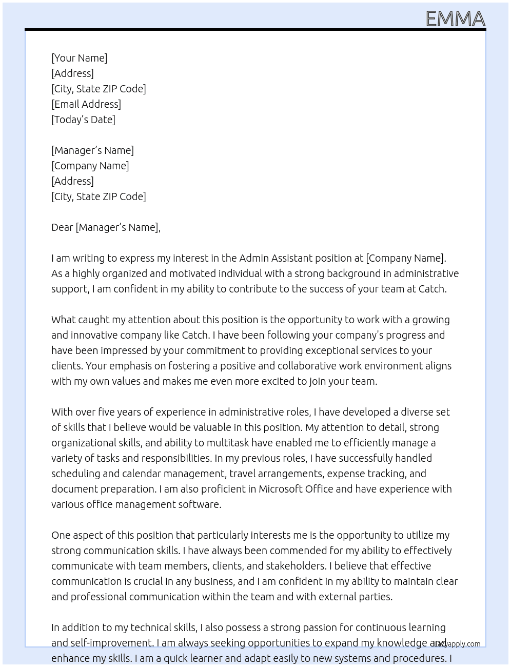 Admin assistant At Catch Cover Letter