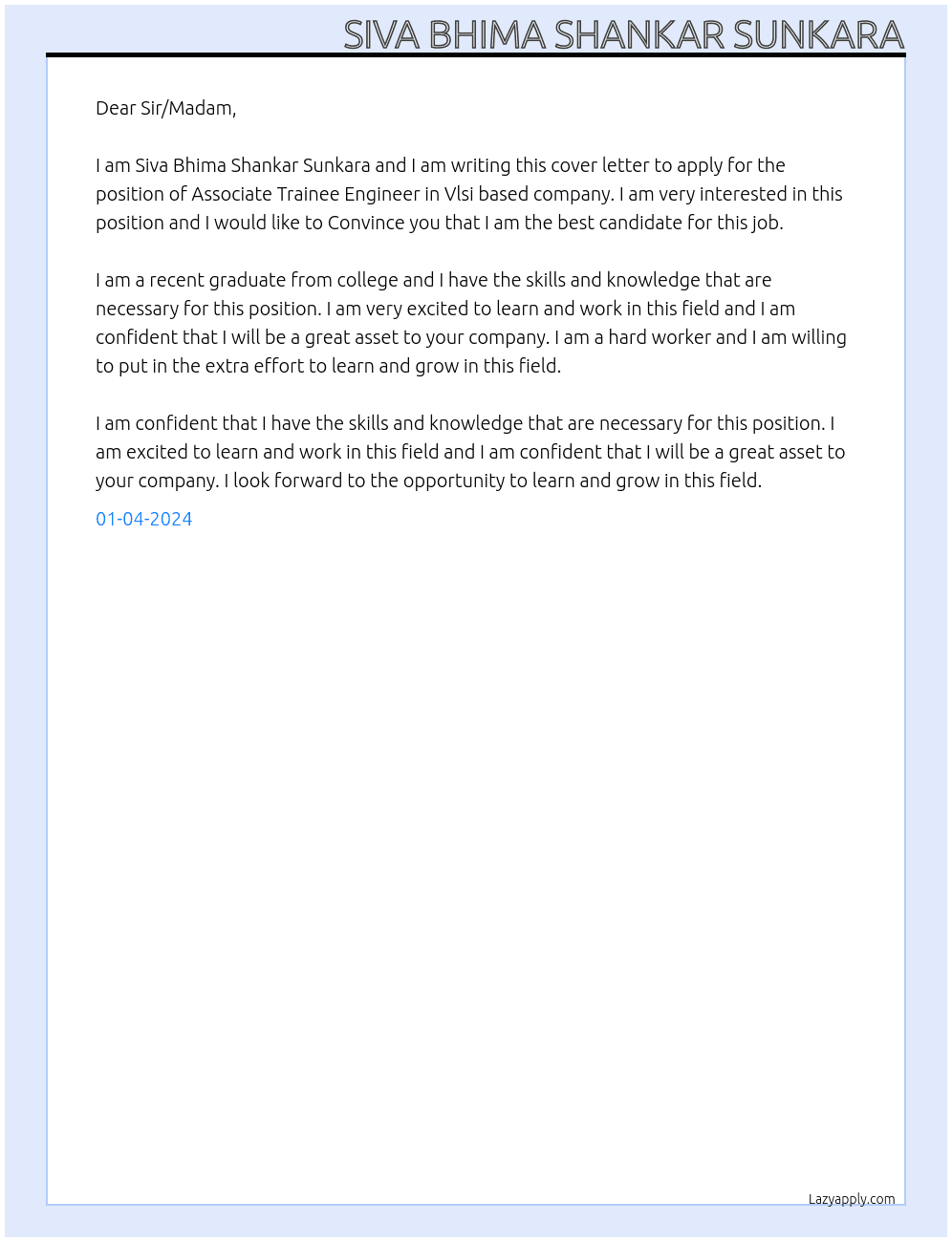 Associate trainee engineer At Vlsi based company Cover Letter
