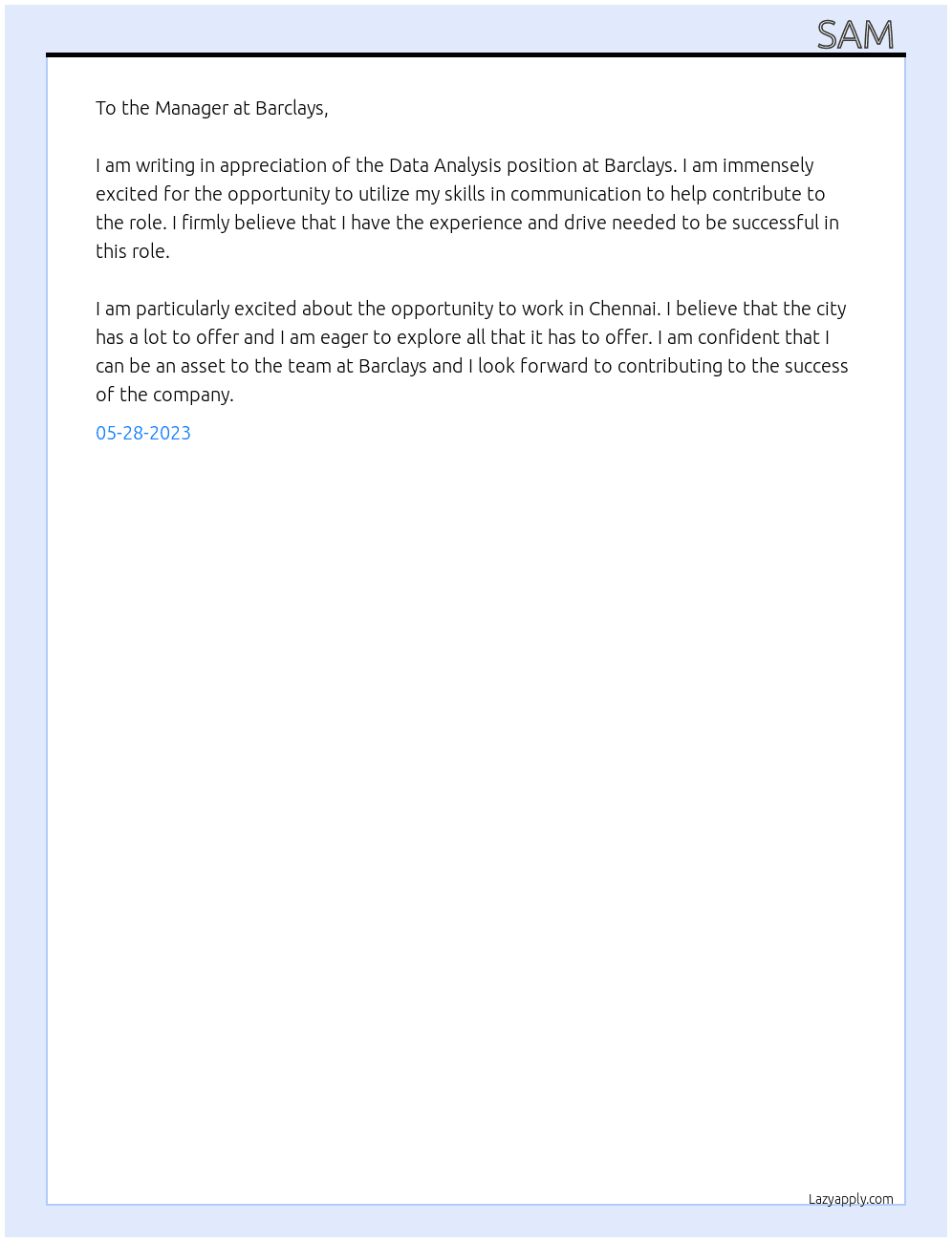 Data analysis  At Barclays Cover Letter