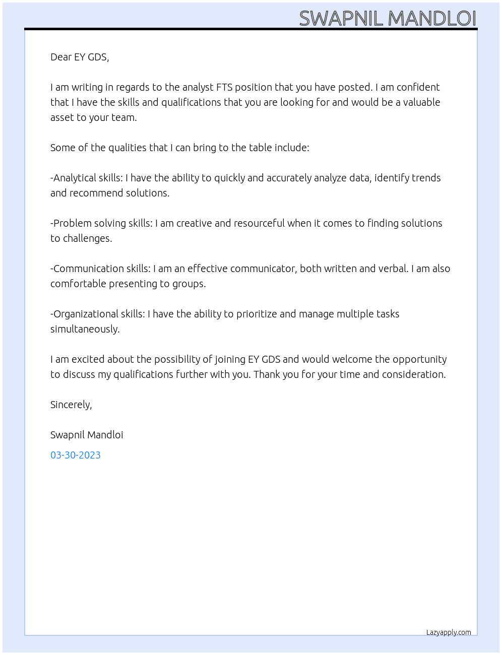 ANALYST FTS At EY GDS Cover Letter