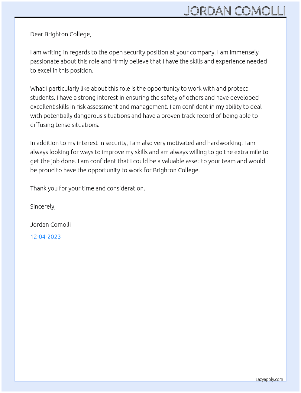 Security At Brighton College Cover Letter