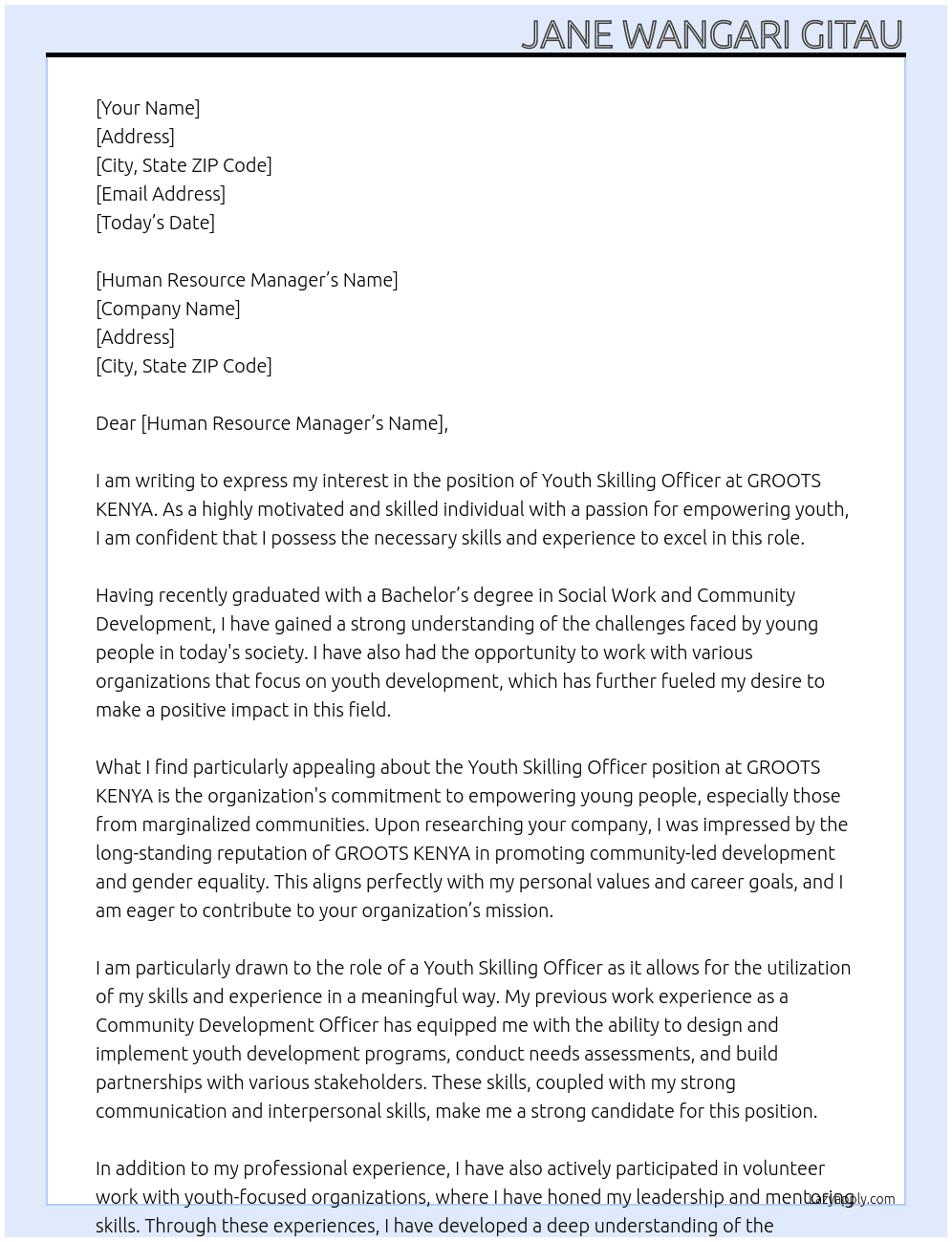 Youth Skilling Officer At GROOTS KENYA Cover Letter