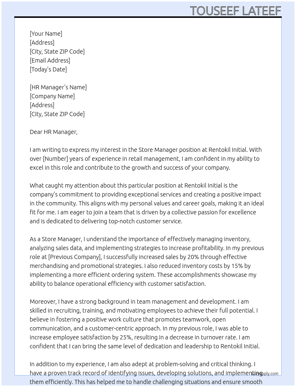Store Manager At Rentokil Initial Cover Letter