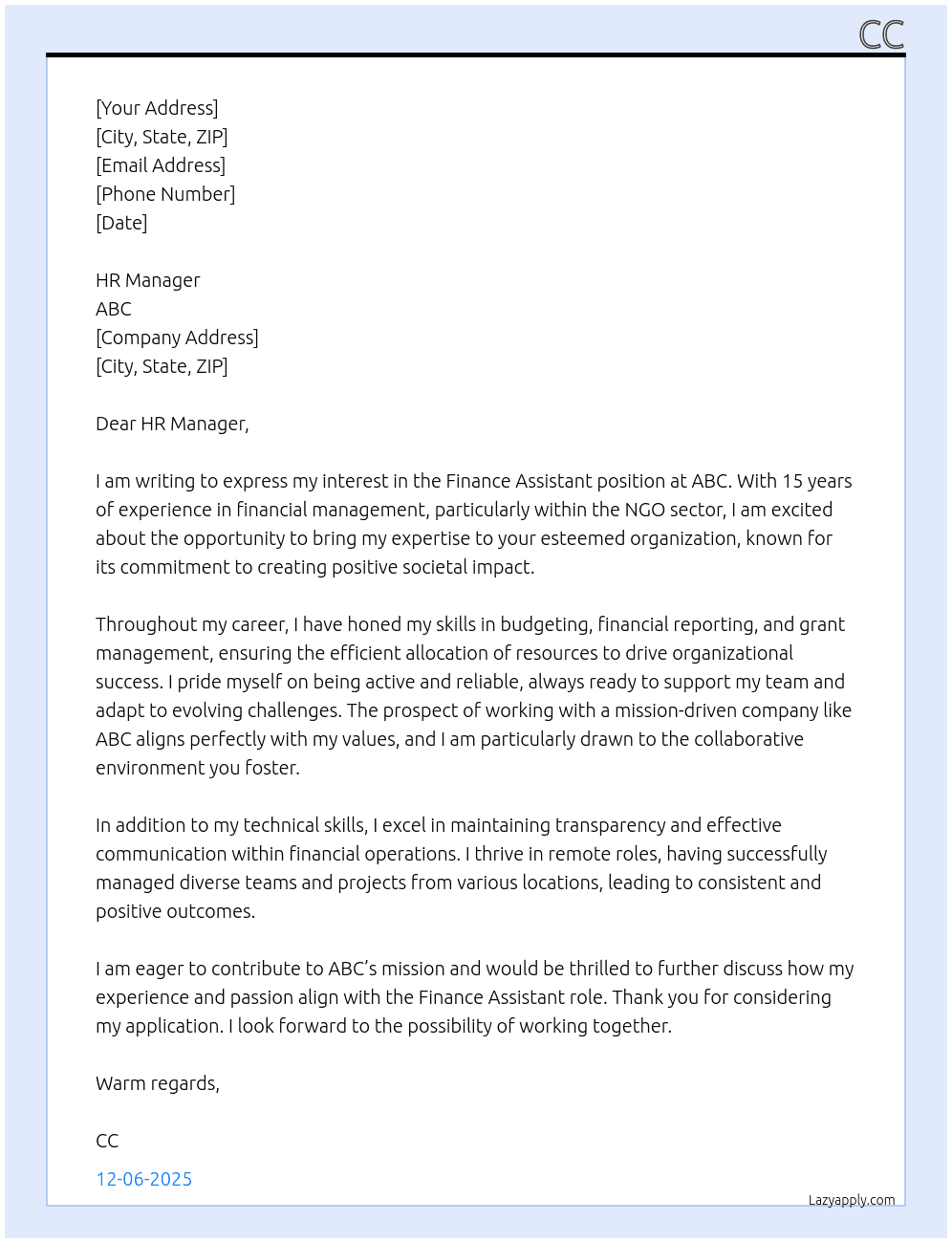 Finance Assistant  At ABC Cover Letter