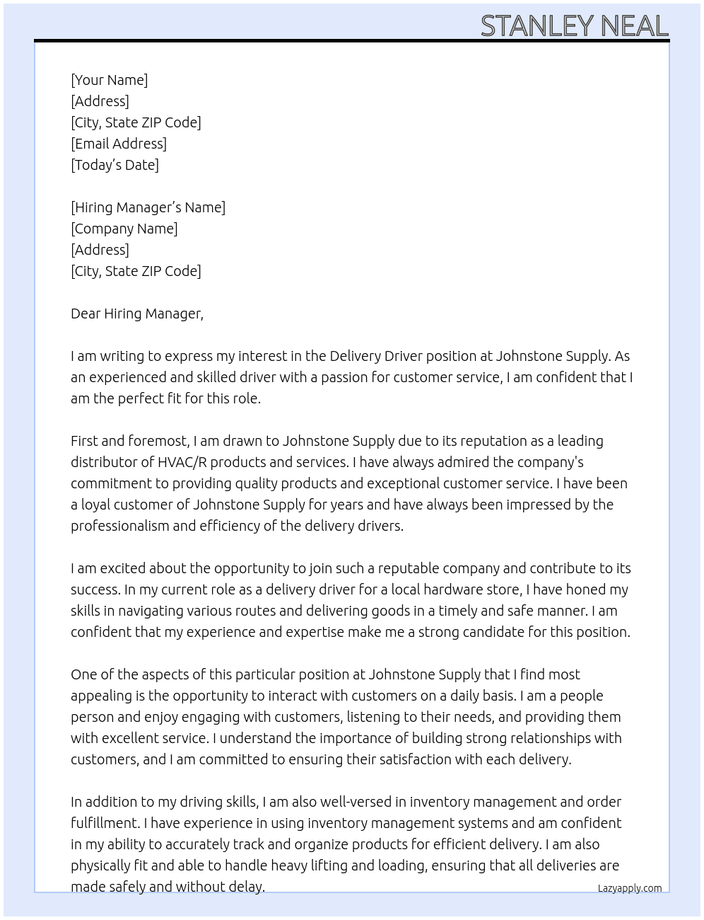 Delivery Driver At Johnstone Supply Cover Letter