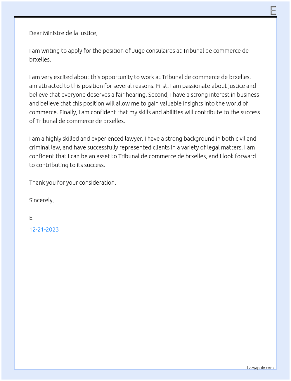 Juge consulaires  At Tribunal de commerce de brxelles  Cover Letter